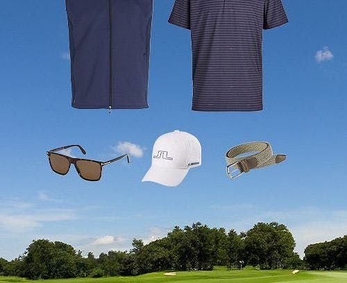 polo, vest, sunglasses, baseball cap and belt floating in blue sky backdrop