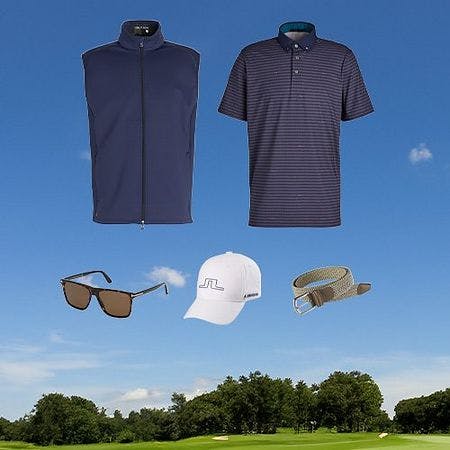 polo, vest, sunglasses, baseball cap and belt floating in blue sky backdrop