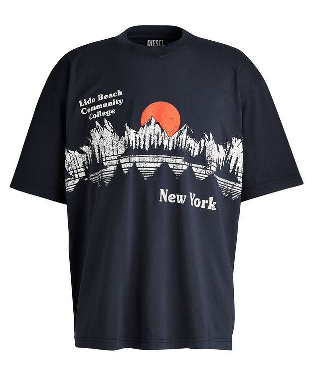 Mountain Landscape Motif Cotton Crew Neck T-Shirt picture 1