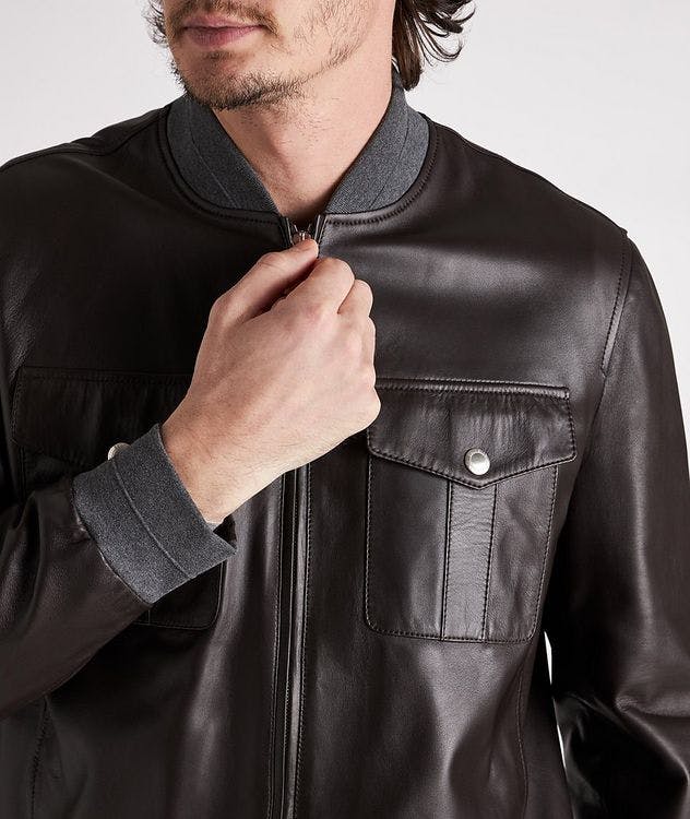 Cotton-Trimmed Leather Bomber Jacket picture 4