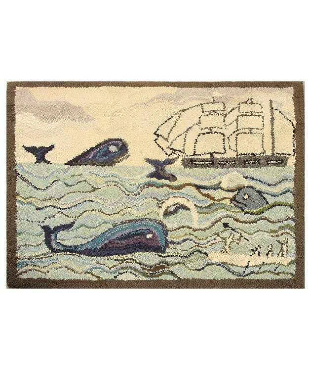Antique Hand-Hooked Pictorial Rug – Whales 12754 picture 2