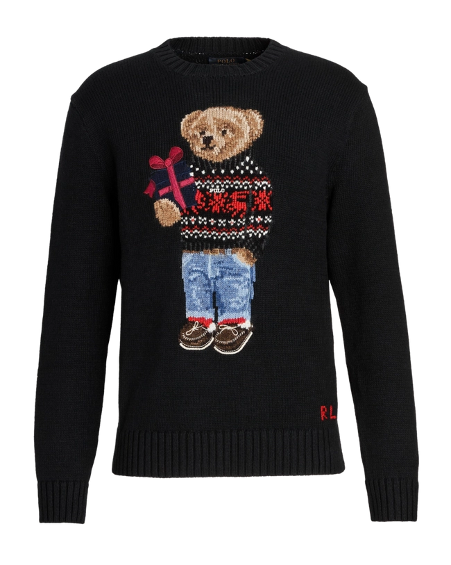 Pull col rond tricoté Polo Ralph Lauren noir : Mélange coton-cachemire, signature Polo Bear