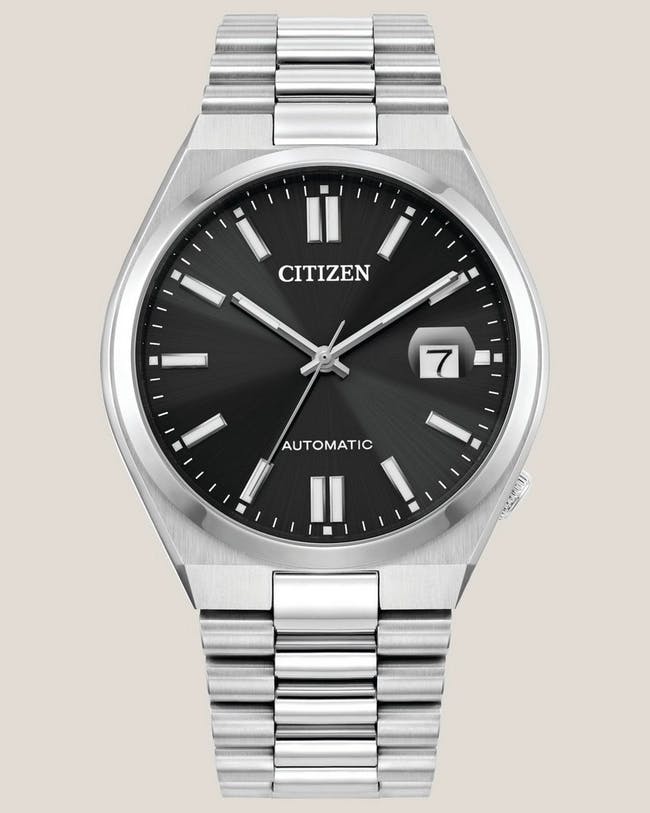 A Citizen watch with a black dial and stainless steel bracelet